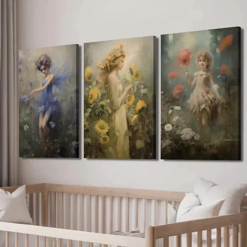 3pcs Meadow Fairy Print Vintage Fairy Mural Wall Art Canvas Unframed - High Quality Print 100% Australian Made Wall Canvas