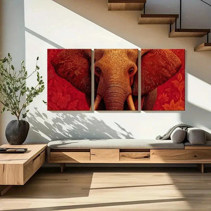 3pcs Elephant Art Intricate Design Red Background Metal Print Ready to Hang Art - Bella Home Decor