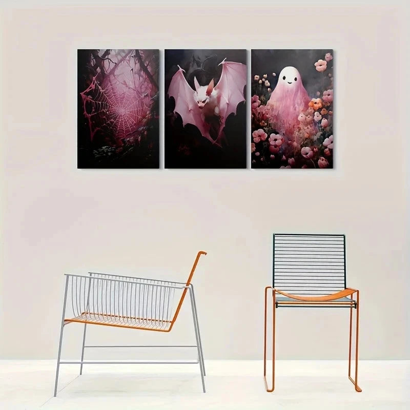 3pcs Spooky Pink Bat Halloween Metal Print Ready to Hang Art - Bella Home Decor