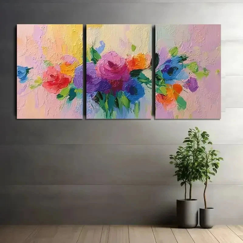 3pcs Abstract Floral Painting in Impressionist Metal Print Ready to Hang Art - Bella Home Decor