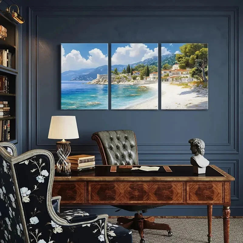 3pcs Seaside Mediterranean Mountain View Metal Print Ready to Hang Art - Bella Home Decor