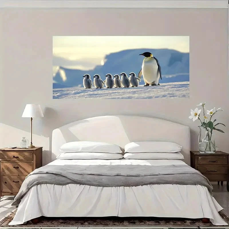 Penguin Family Snow Scene Wall Art Canvas Office Home Room Framed 120x60cm