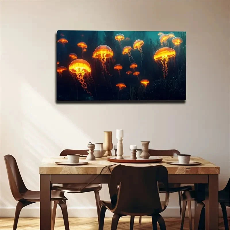 Glowing Jellyfish Ocean Current Wall Art Canvas Office Home Room Framed 120x60cm