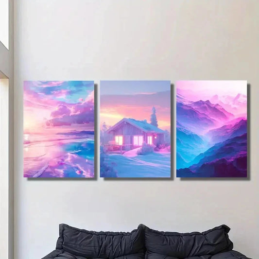 3pcs Pastel beach scenery, pink colored houses Metal Print Ready to Hang Art