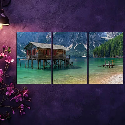 3pcs Mountains And House on Lakes Wall Art Set Canvas Framed 60x90cm - High Quality Print 100% Australian Made Wall Canvas Ready to Hang