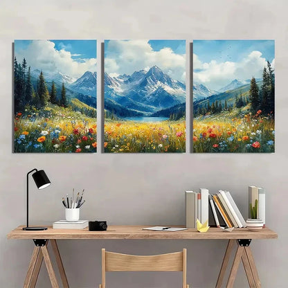 3pcs Mountain Landscape Meadow Painting Metal Print Ready to Hang Art - Bella Home Decor