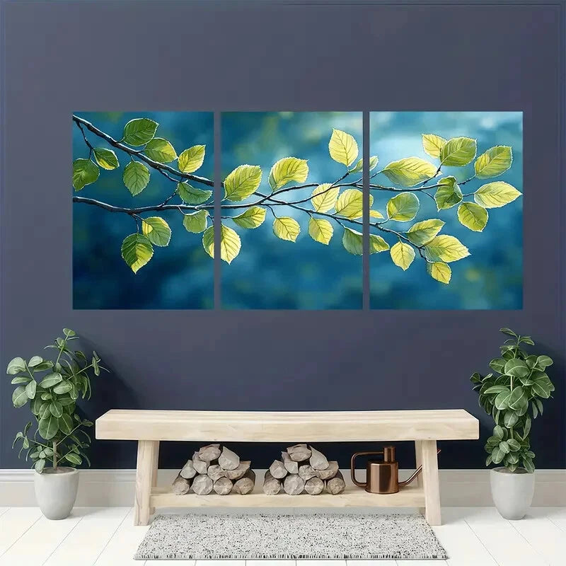 3pcs Green Leaves Spring Birch Watercolor Nature Metal Print Ready to Hang Art - Bella Home Decor