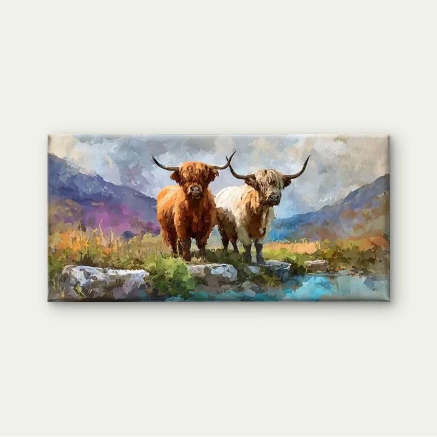 Mother & Calf in Scottish Countryside Wall Art Canvas Office Home Room Framed 120x60cm - Bella Home Decor
