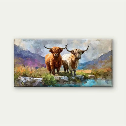 Mother & Calf in Scottish Countryside Wall Art Canvas Office Home Room Framed 120x60cm - Bella Home Decor