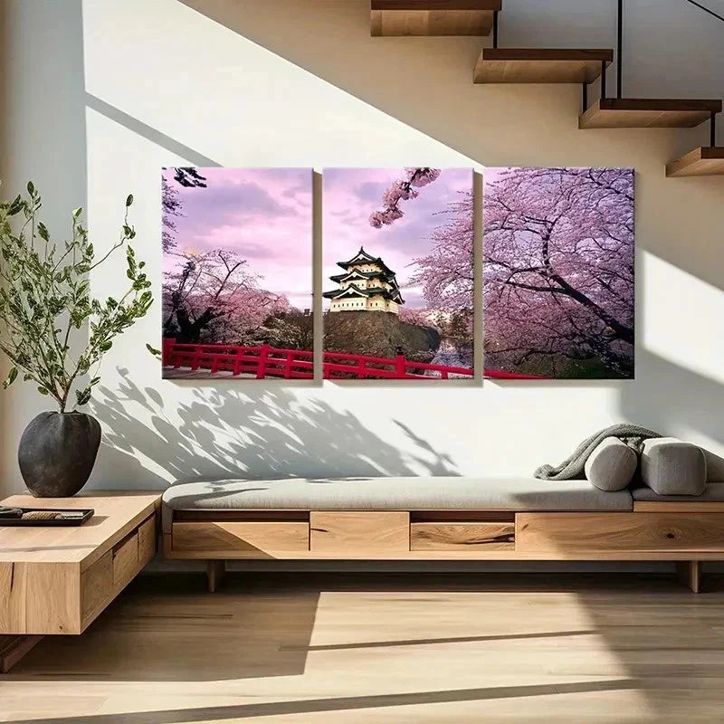 3pcs Hirosaki Castle Cherry Blossoms Wall Art Set Canvas Framed 60x90cm - High Quality Print 100% Australian Made Wall Canvas Ready to Hang