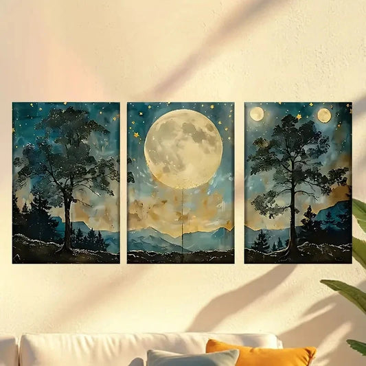 3pcs a Full Moon Wall Art Set Canvas Framed 50x70cm - High Quality Print 100% Australian Made Wall Canvas Ready to Hang