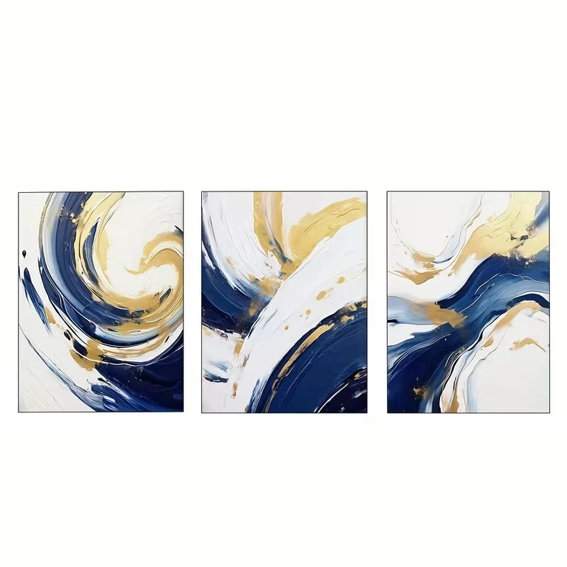 3pcs Navy Blue and Golden Watercolor Shapes  Wall Art Set Canvas Framed 50x70cm - High Quality Print 100% Australian Made Wall Canvas Ready to Hang