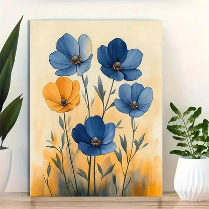 Beautiful Vibrant Blue & Orange Floral Design Painting 40x60cm Metal Print Ready to Hang