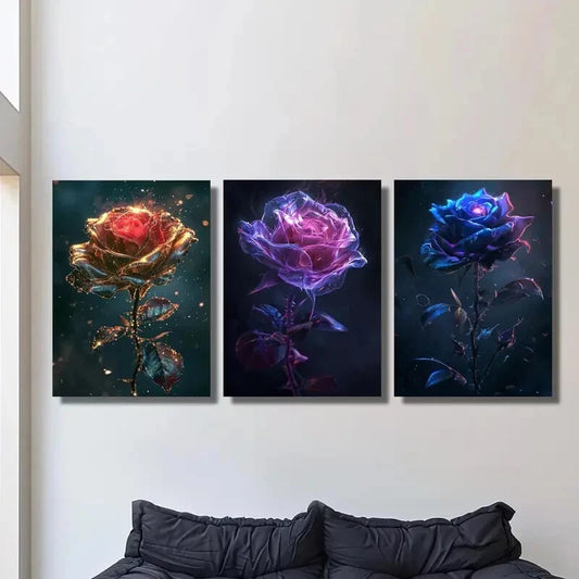 3pcs fantasy rose art, gold, purple, blue Metal Print Ready to Hang Art