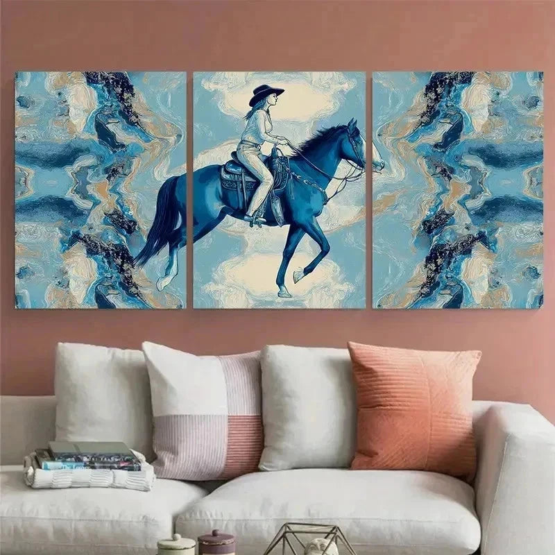 3pcs Giddy Up Blue Cowgirl Perfect Perfect Wall Art Set Canvas Framed 40x60cm - High Quality Print 100% Australian Made Wall Canvas Ready to Hang - Bella Home Decor