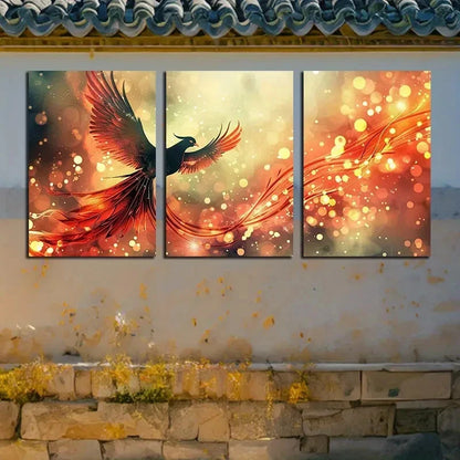 3pcs Vibrant Phoenix Orange Color illustration Metal Print Ready to Hang Art - Bella Home Decor