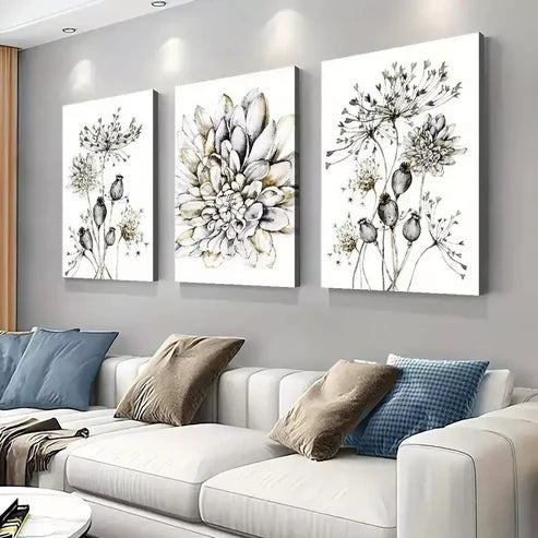 3pcs Boho Chic Dandelion & Dahlia Flower Wall Art Set Canvas Unframed - High Quality Print 100% Australian Made Wall Canvas