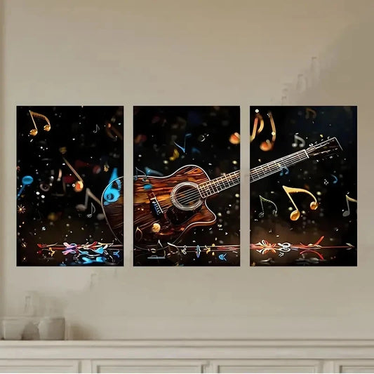 3pcs a guitar with music notes and notes Wall Art Set Canvas Framed 40x60cm - High Quality Print 100% Australian Made Wall Canvas Ready to Hang