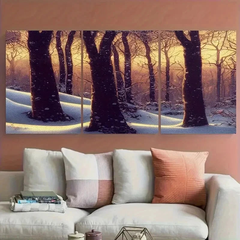 3pcs Snowy Forest Winter and Sunlit Pathway Scene Metal Print Ready to Hang Art - Bella Home Decor