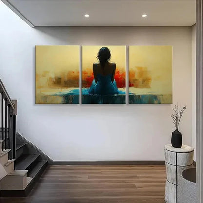3pcs Woman in Blue Dress Abstract Serene Wall Art Set Canvas Unframed - High Quality Print 100% Australian Made Wall Canvas