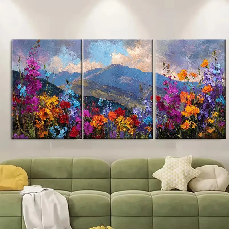 3pcs Colorful Wildflowers Mountain Sunset Metal Print Ready to Hang Art - Bella Home Decor