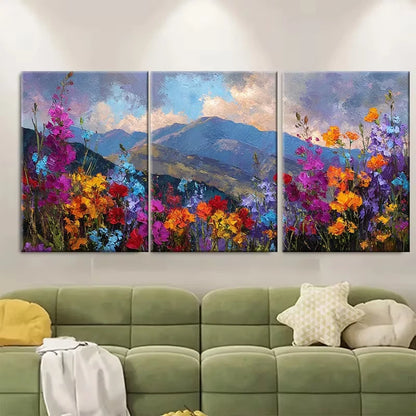 3pcs Colorful Wildflowers Mountain Sunset Metal Print Ready to Hang Art - Bella Home Decor