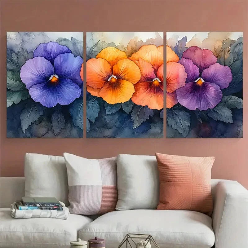 3pcs Vibrant Tricolor Pansy Elegant Floral Metal Print Ready to Hang Art - Bella Home Decor