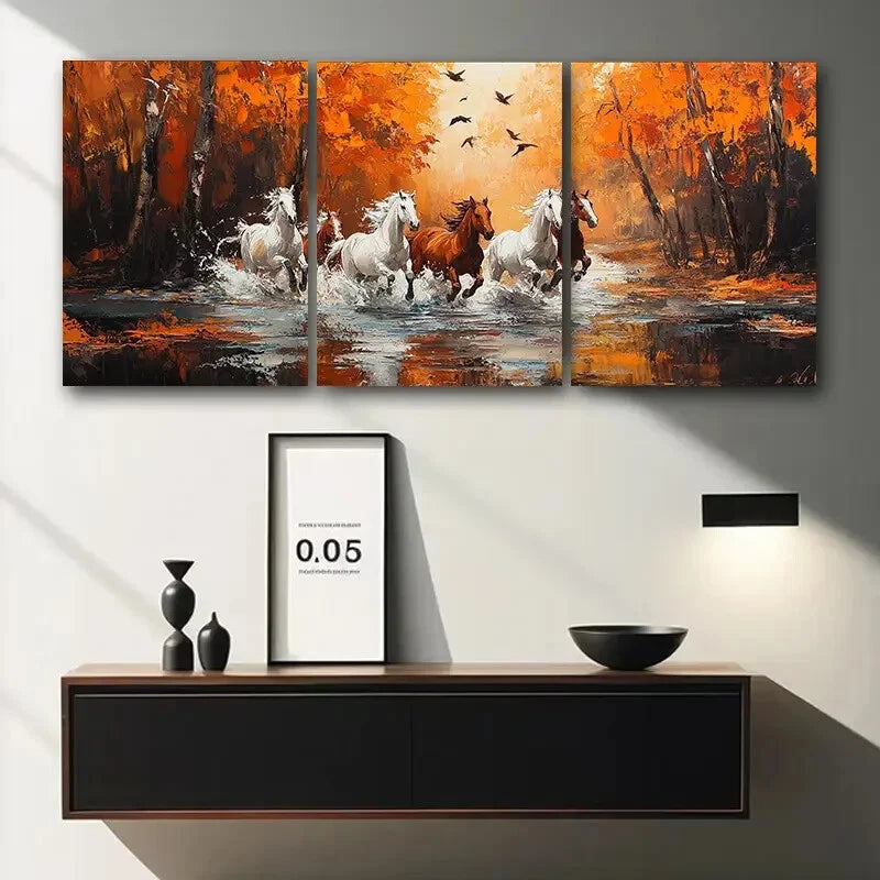 3pcs Running Horses Themed Oil Painting Metal Print Ready to Hang Art - Bella Home Decor