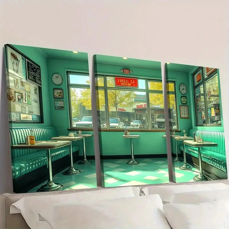 3pcs Retro Diner Lime Green Style E  Wall Art Set Canvas Framed 40x60cm - High Quality Print 100% Australian Made Wall Canvas Ready to Hang