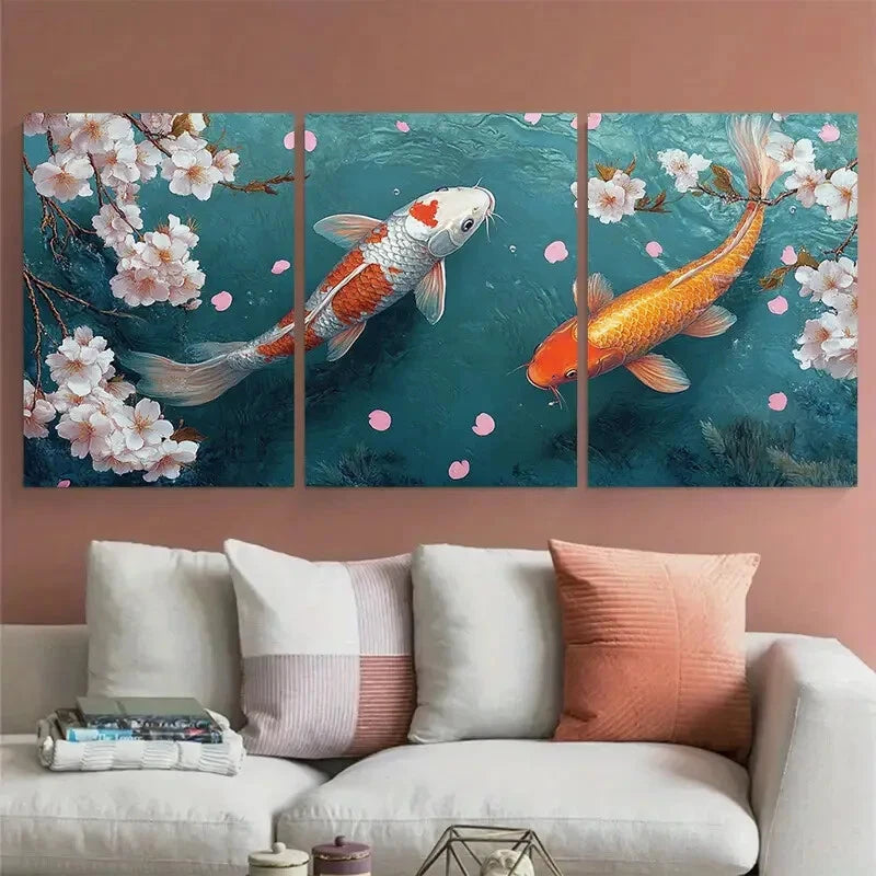 3pcs Koi Carp Cherry Blossom Illustration Metal Print Ready to Hang Art - Bella Home Decor