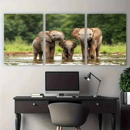 3pcs Baby Elephants Family Bonding Metal Print Ready to Hang Art - Bella Home Decor