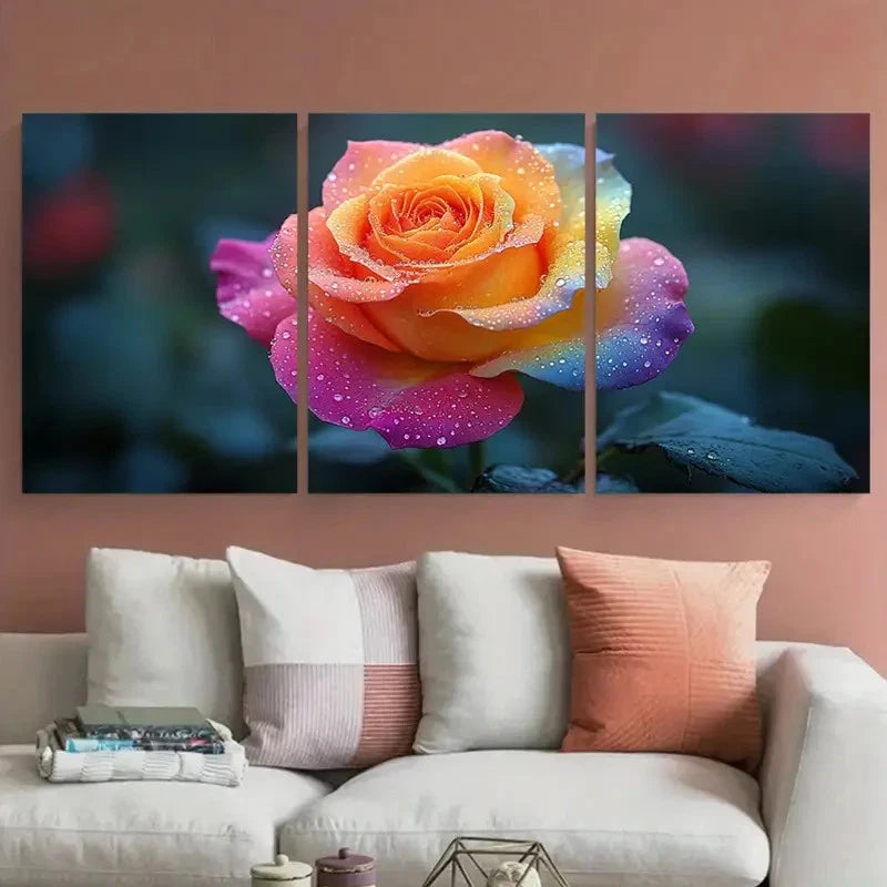 3pcs Vibrant Rainbow Rose Macro Photography Wall Art Set Canvas Framed 40x60cm - High Quality Print 100% Australian Made Wall Canvas Ready to Hang