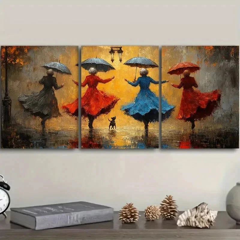 3pcs Women Dancing in the Rain Theme Wall Art Set Canvas Framed 40x60cm - High Quality Print 100% Australian Made Wall Canvas Ready to Hang