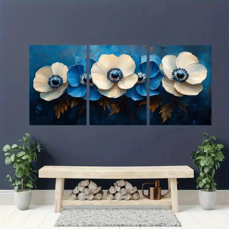 3pcs Elegant Blue & White Anemone Oil Painting Metal Print Ready to Hang Art - Bella Home Decor