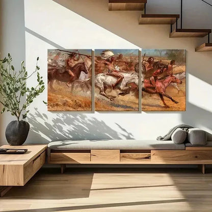 3pcs Native Americans On Horses Red Indians Wall Art Set Canvas Unframed - High Quality Print 100% Australian Made Wall Canvas
