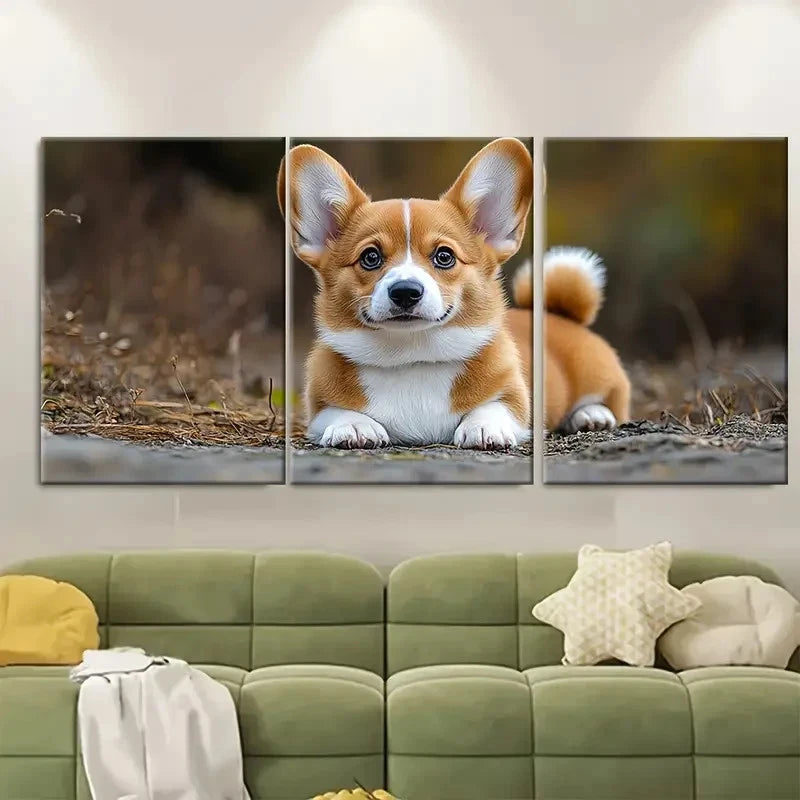 3pcs Welsh Pembroke Corgi Puppy ei Wall Art Set Canvas Framed 50x70cm - High Quality Print 100% Australian Made Wall Canvas Ready to Hang - Bella Home Decor