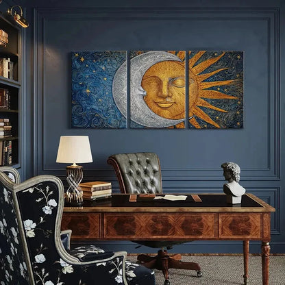 3pcs Sun Moon Celestial Art Golden Silvery Face Metal Print Ready to Hang Art - Bella Home Decor