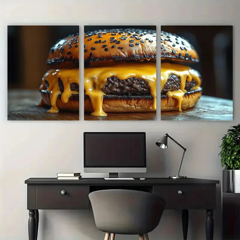 3pcs Black Burger Melting Cheese Food Metal Print Ready to Hang Art - Bella Home Decor