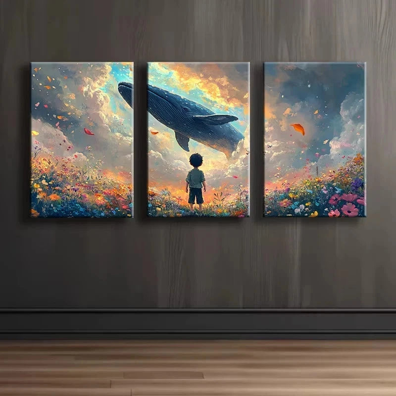 3pcs Fields, girls, whales Illustration Wall Art Set Canvas Framed 60x90cm - High Quality Print 100% Australian Made Wall Canvas Ready to Hang