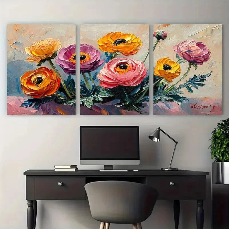 3pcs Ranunculus Oil Painting Floral ty Wall Art Set Canvas Framed 40x60cm - High Quality Print 100% Australian Made Wall Canvas Ready to Hang