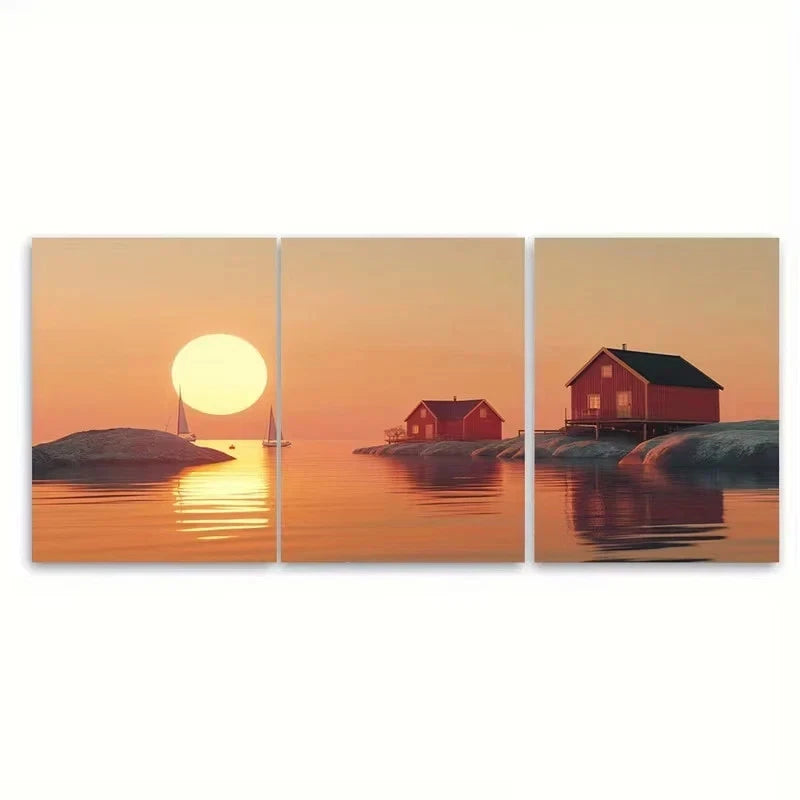 3pcs Sun Over Swedish Archipelago Wall Art Set Canvas Framed 50x70cm – High Quality Print 100% Australian Made Wall Canvas Ready to Hang