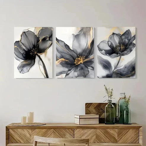 3pcs Black And Golden Abstract Flower Wall Art Set Canvas Unframed - High Quality Print 100% Australian Made Wall Canvas