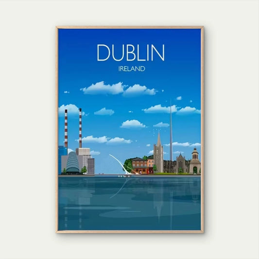 Dublin Vibrant Cityscape with Landmarks, Blue Sky Travel Poster Print Wall Art