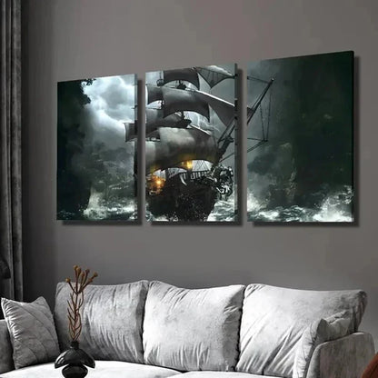 3pcs Fantasy Pirate Ship in Storm Theme Wall Art Canvas Unframed - High Quality Print 100% Australian Made Wall Canvas