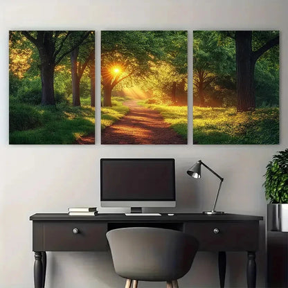 3pcs Rural Forest Pathway Sunlit Trees Metal Print Ready to Hang Art - Bella Home Decor