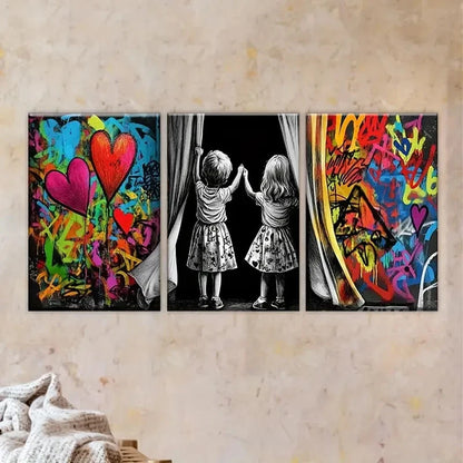 3pcs two girls looking out of window Wall Art Set Canvas Framed 50x70cm - High Quality Print 100% Australian Made Wall Canvas Ready to Hang - Bella Home Decor