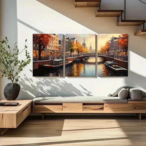 3pcs Autumn Canal Bridge Architecture Wall Art Canvas Unframed - High Quality Print 100% Australian Made Wall Canvas - Bella Home Decor