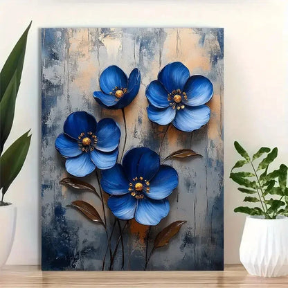 Beautiful Blooming Blue Flowers Painting 40x60cm Metal Print Ready to Hang