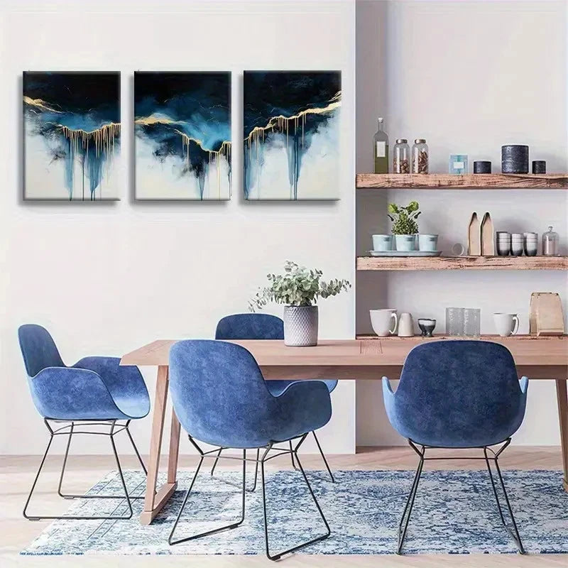 3pcs Abstract Blue and Golden Oil Painting Metal Print Ready to Hang Art - Bella Home Decor