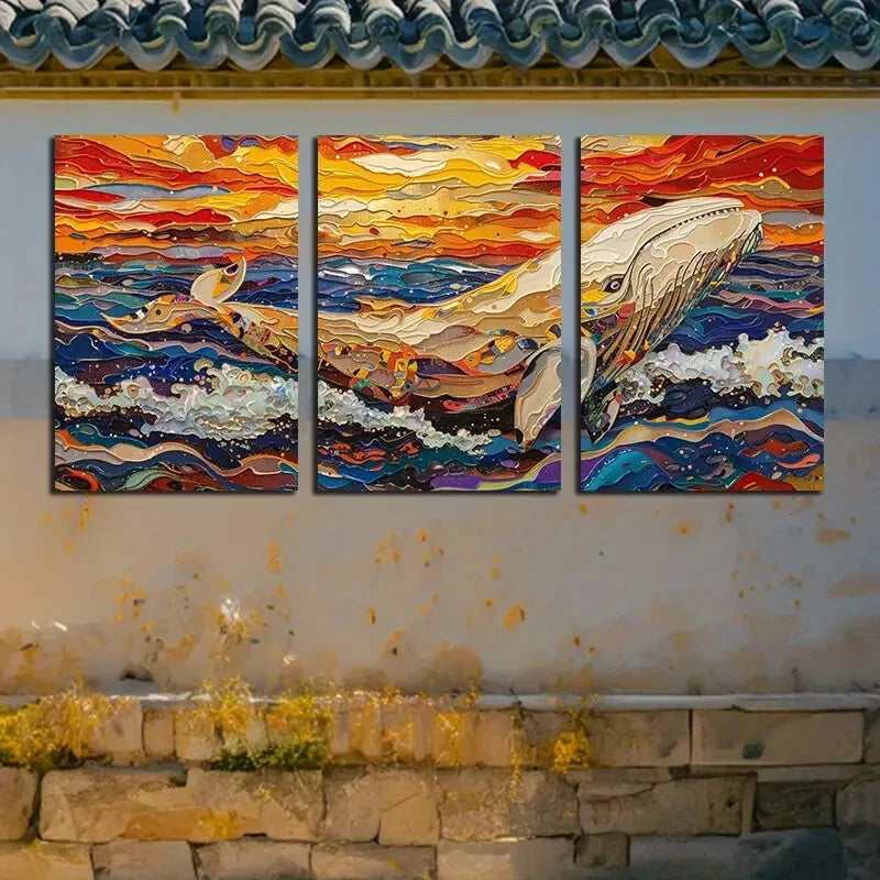 3pcs Vibrant Whale in Ocean Illustration Metal Print Ready to Hang Art - Bella Home Decor